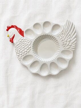 White Ceramic Hen Deviled Egg Platter with Red Accent